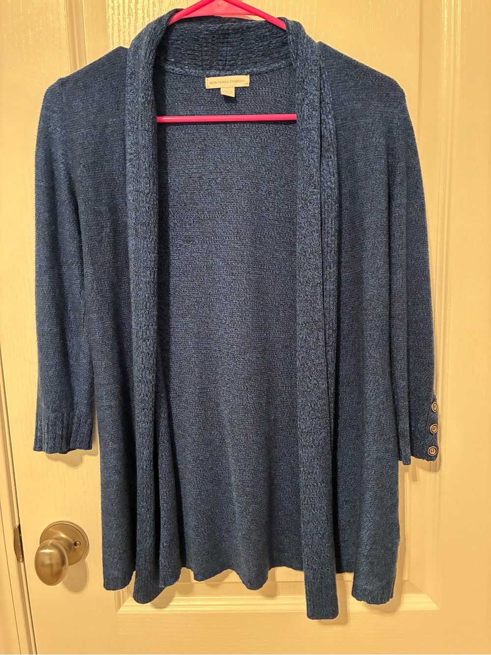 New York & Company Navy Blue Open-Front Knit Cardigan